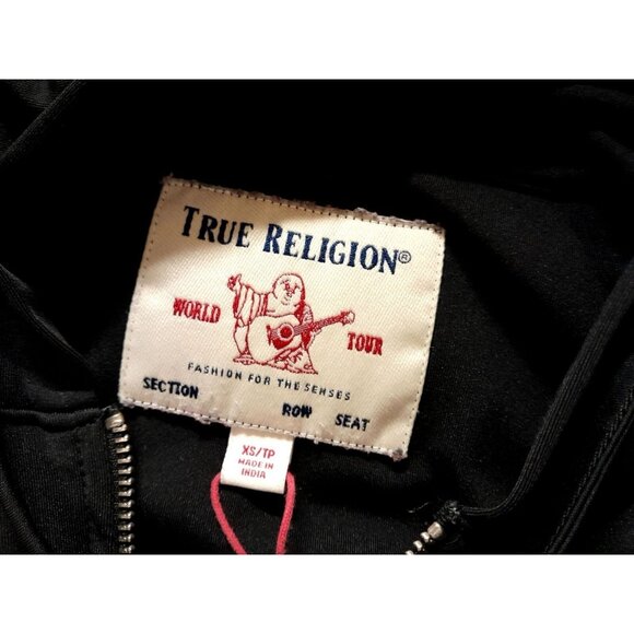 True Religion Y2K Womens XS Monogram Graphic Logo Hooded Gold Zip Jacket Black - Picture 6 of 7